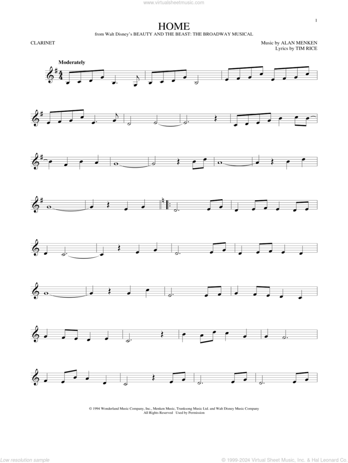 Home (from Beauty and the Beast: The Broadway Musical) sheet music for clarinet solo by Alan Menken and Tim Rice, intermediate skill level