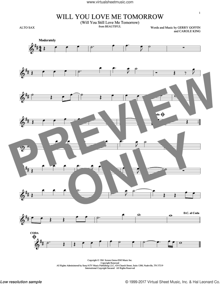 Will You Love Me Tomorrow (Will You Still Love Me Tomorrow) sheet music for alto saxophone solo by The Shirelles, Carole King and Gerry Goffin, intermediate skill level