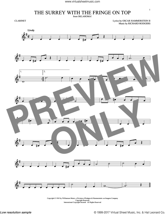 The Surrey With The Fringe On Top (from Oklahoma!) sheet music for clarinet solo by Rodgers & Hammerstein, Oscar II Hammerstein and Richard Rodgers, intermediate skill level