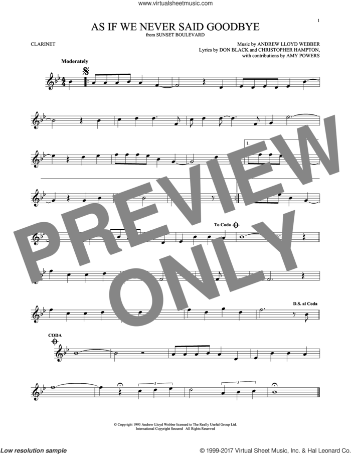 As If We Never Said Goodbye (from Sunset Boulevard) sheet music for clarinet solo by Andrew Lloyd Webber, Christopher Hampton and Don Black, intermediate skill level
