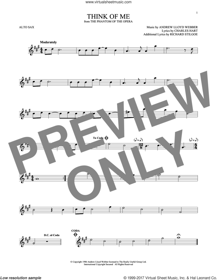 Think Of Me (from The Phantom Of The Opera) sheet music for alto saxophone solo by Andrew Lloyd Webber, Charles Hart and Richard Stilgoe, intermediate skill level