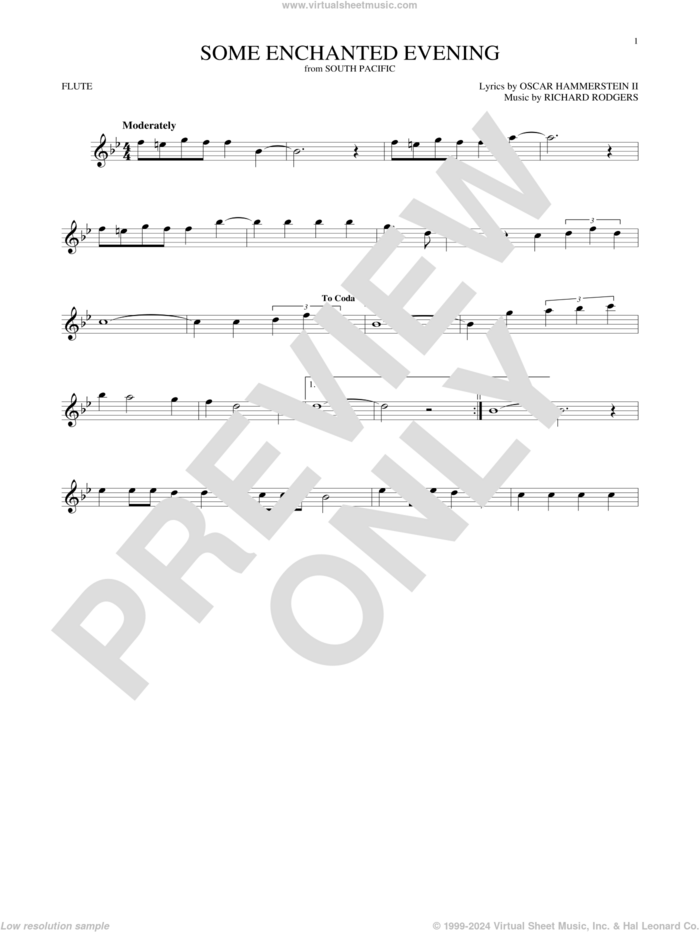 Some Enchanted Evening sheet music for flute solo by Rodgers & Hammerstein, Oscar II Hammerstein and Richard Rodgers, intermediate skill level