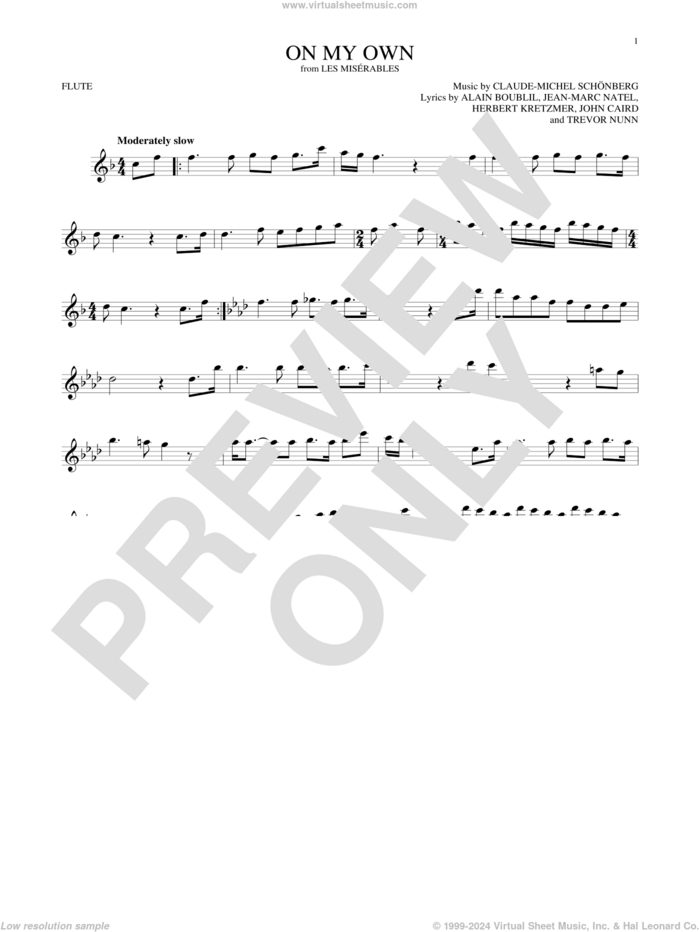 On My Own (from Les Miserables) sheet music for flute solo by Alain Boublil, Claude-Michel Schonberg, Claude-Michel Schonberg, Herbert Kretzmer, Jean-Marc Natel, John Caird and Trevor Nunn, intermediate skill level