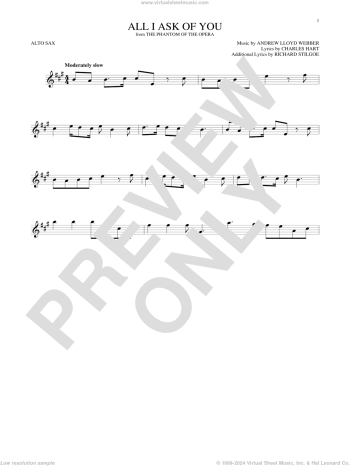 All I Ask Of You (from The Phantom Of The Opera) sheet music for alto saxophone solo by Andrew Lloyd Webber, Barbra Streisand, Charles Hart and Richard Stilgoe, wedding score, intermediate skill level