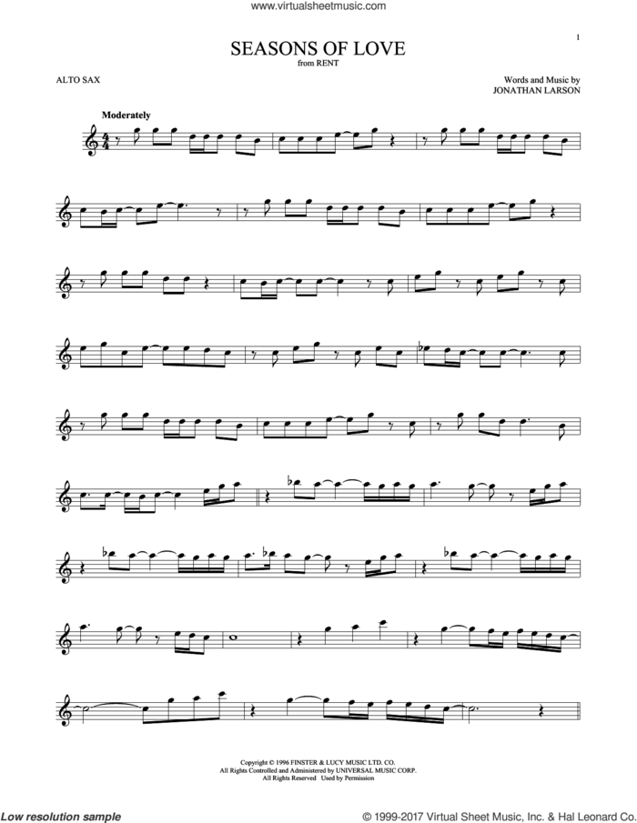 Seasons Of Love (from Rent) sheet music for alto saxophone solo by Jonathan Larson and Cast of Rent, intermediate skill level