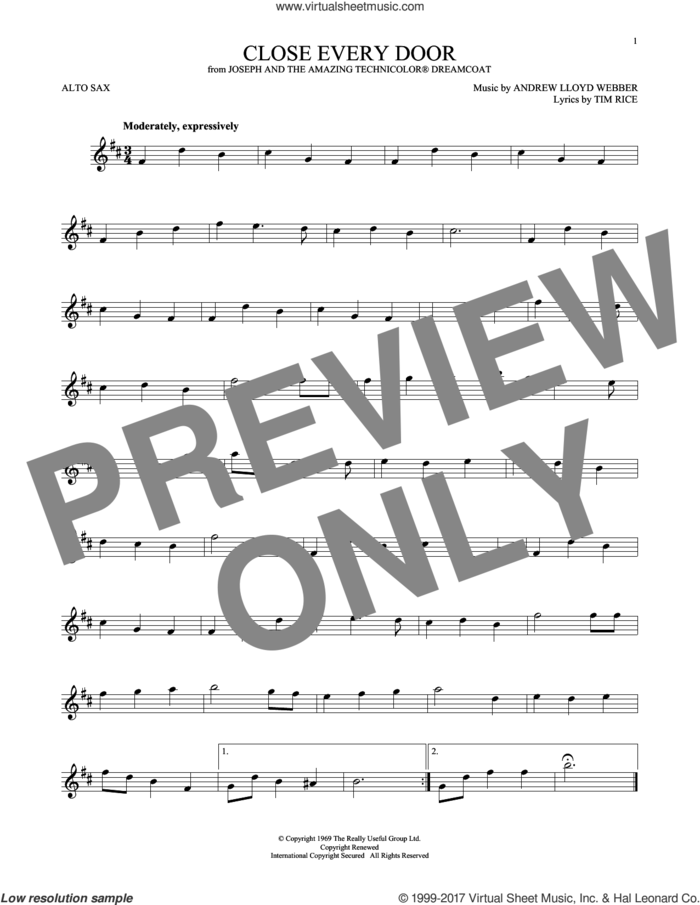 Close Every Door (from Joseph and the Amazing Technicolor Dreamcoat) sheet music for alto saxophone solo by Andrew Lloyd Webber and Tim Rice, intermediate skill level