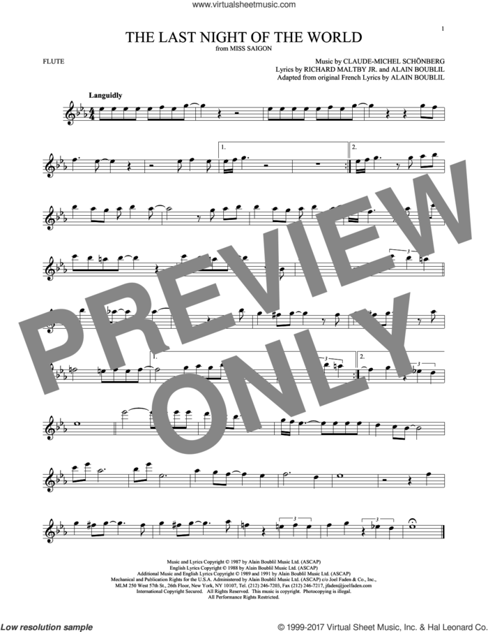 The Last Night Of The World sheet music for flute solo by Alain Boublil, Claude-Michel Schonberg, Claude-Michel Schonberg and Richard Maltby, Jr., intermediate skill level
