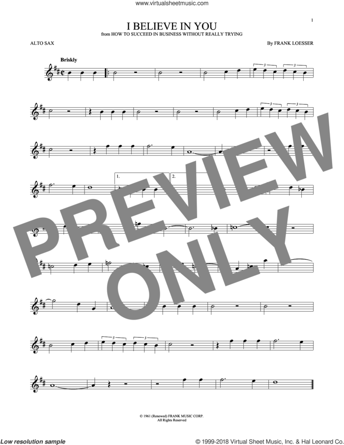 I Believe In You sheet music for alto saxophone solo by Frank Loesser, intermediate skill level