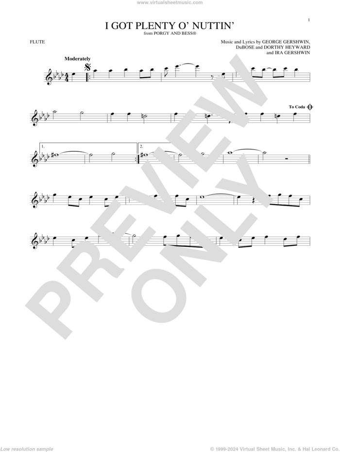 I Got Plenty O' Nuttin' sheet music for flute solo by George Gershwin, Dorothy Heyward, DuBose Heyward and Ira Gershwin, intermediate skill level