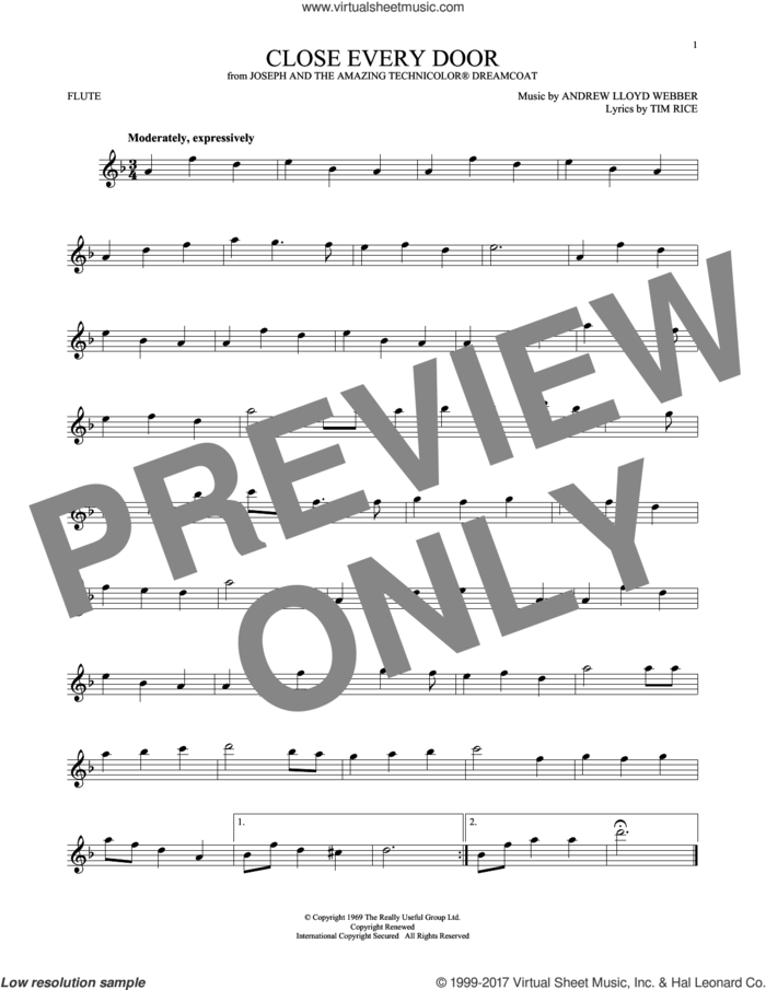 Close Every Door sheet music for flute solo by Andrew Lloyd Webber and Tim Rice, intermediate skill level