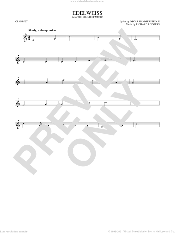 Edelweiss sheet music for clarinet solo by Rodgers & Hammerstein, Oscar II Hammerstein and Richard Rodgers, intermediate skill level