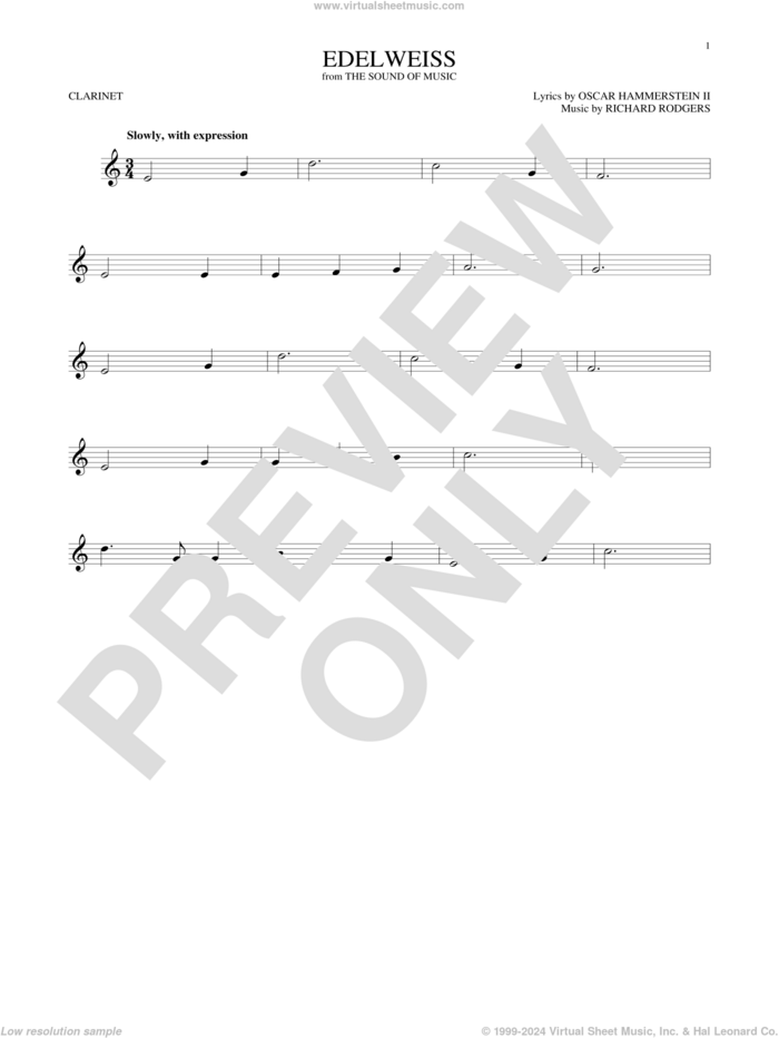 Edelweiss sheet music for clarinet solo by Rodgers & Hammerstein, Oscar II Hammerstein and Richard Rodgers, intermediate skill level