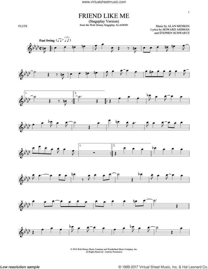 Friend Like Me (Stageplay Version) (from Aladdin: The Broadway Musical) sheet music for flute solo by Alan Menken, Howard Ashman & Stephen Schwartz, Alan Menken, Howard Ashman and Stephen Schwartz, intermediate skill level