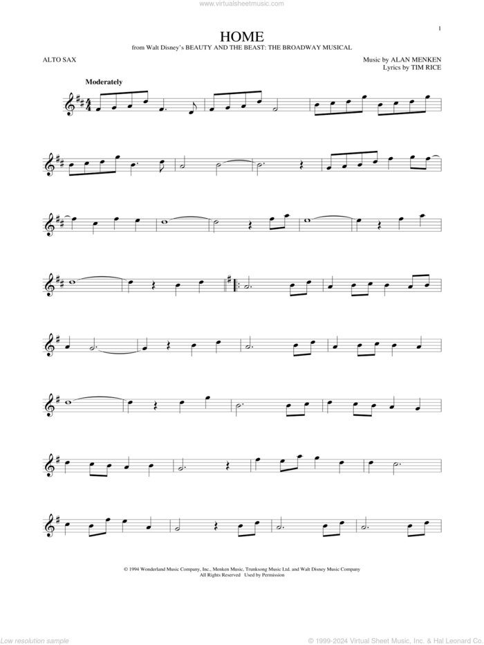 Home (from Beauty and the Beast: The Broadway Musical) sheet music for alto saxophone solo by Alan Menken and Tim Rice, intermediate skill level