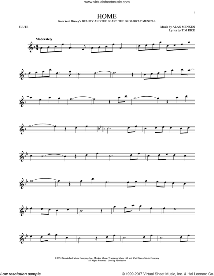 Home (from Beauty and the Beast: The Broadway Musical) sheet music for flute solo by Alan Menken and Tim Rice, intermediate skill level