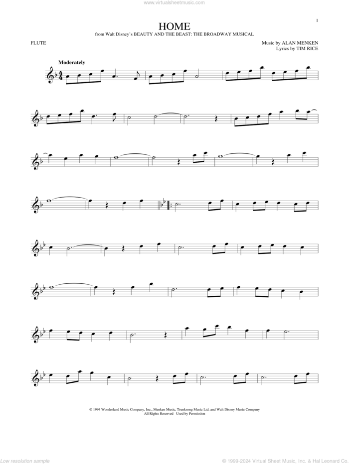 Home (from Beauty and the Beast: The Broadway Musical) sheet music for flute solo by Alan Menken and Tim Rice, intermediate skill level