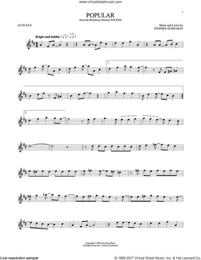 Popular (from Wicked) sheet music for alto saxophone solo by Stephen Schwartz, intermediate skill level