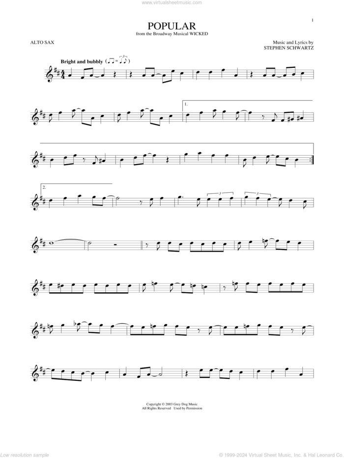 Popular (from Wicked) sheet music for alto saxophone solo by Stephen Schwartz, intermediate skill level