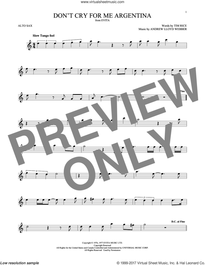 Don't Cry For Me Argentina sheet music for alto saxophone solo by Andrew Lloyd Webber, Madonna and Tim Rice, intermediate skill level