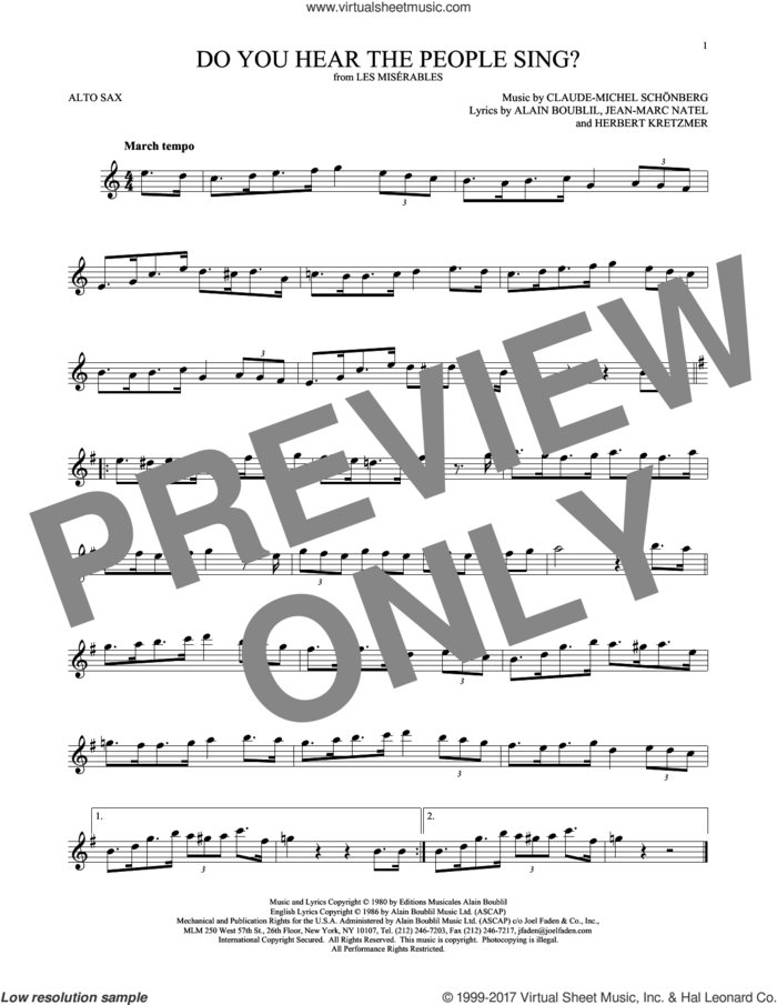Do You Hear The People Sing? sheet music for alto saxophone solo by Alain Boublil, Claude-Michel Schonberg, Claude-Michel Schonberg, Herbert Kretzmer and Jean-Marc Natel, intermediate skill level