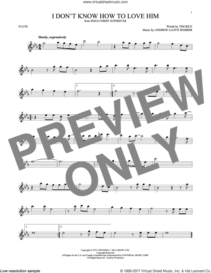 I Don't Know How To Love Him sheet music for flute solo by Andrew Lloyd Webber, Helen Reddy and Tim Rice, intermediate skill level