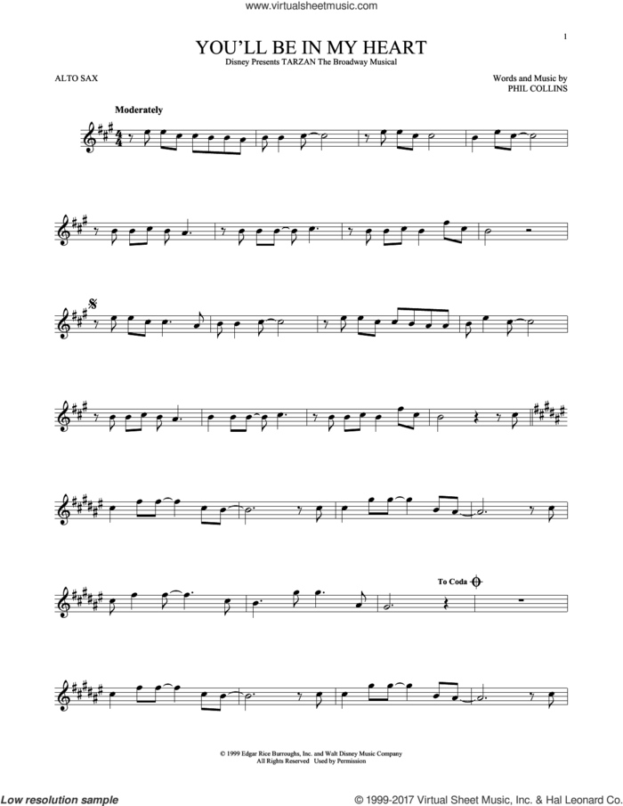 You'll Be In My Heart sheet music for alto saxophone solo by Phil Collins, intermediate skill level