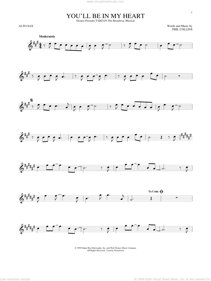 You'll Be In My Heart (from Tarzan) sheet music for alto saxophone solo by Phil Collins, intermediate skill level