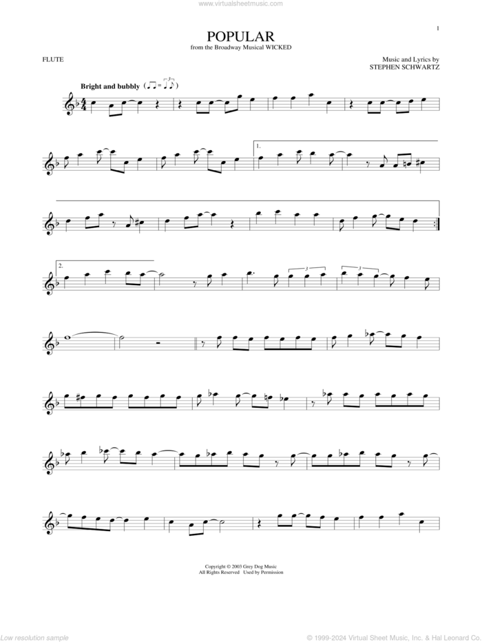 Popular (from Wicked) sheet music for flute solo by Stephen Schwartz, intermediate skill level