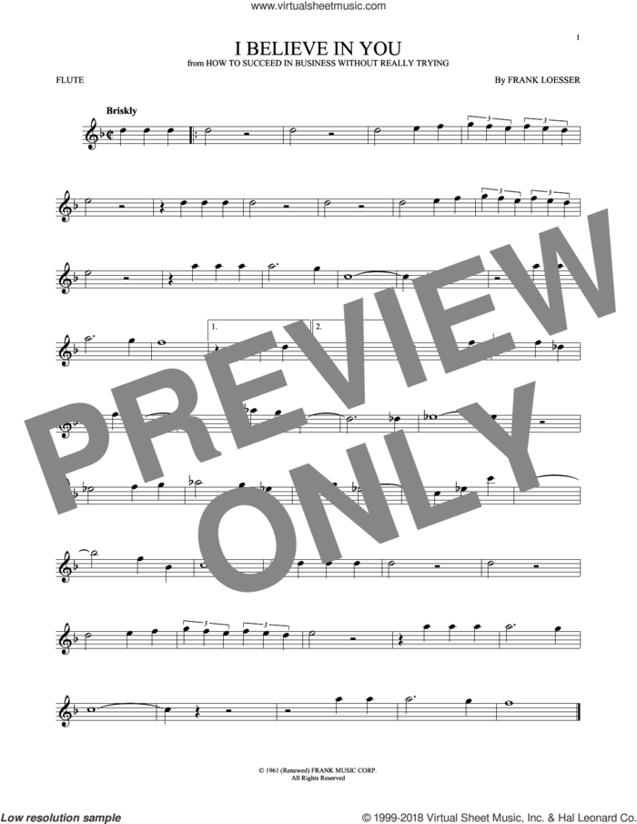 I Believe In You sheet music for flute solo by Frank Loesser, intermediate skill level