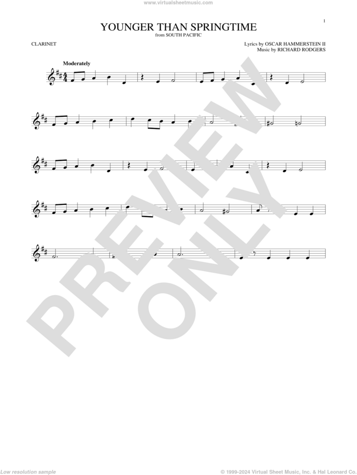 Younger Than Springtime sheet music for clarinet solo by Rodgers & Hammerstein, Gordon MacRae, Stan Kenton, Oscar II Hammerstein and Richard Rodgers, intermediate skill level