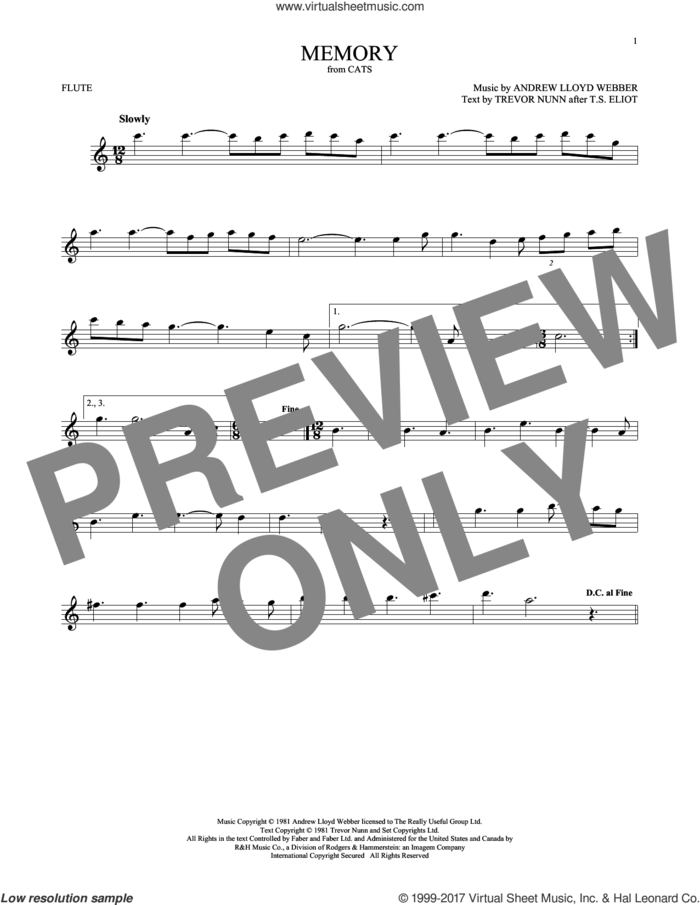 Memory (from Cats) sheet music for flute solo by Andrew Lloyd Webber and Barbra Streisand, intermediate skill level