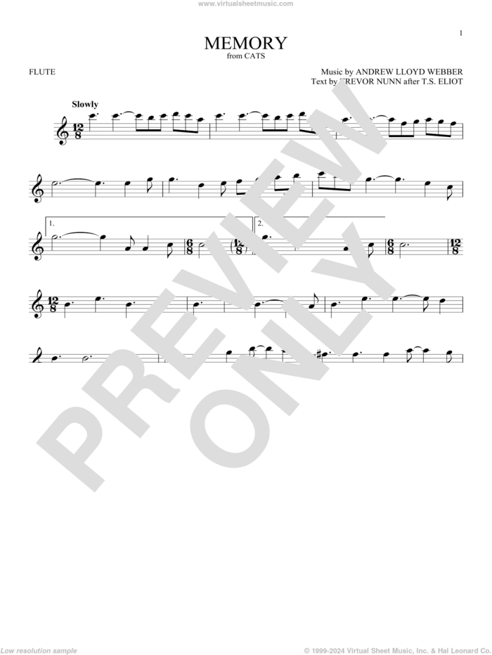 Memory (from Cats) sheet music for flute solo by Andrew Lloyd Webber and Barbra Streisand, intermediate skill level