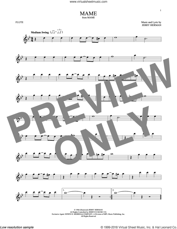 Mame sheet music for flute solo by Jerry Herman, intermediate skill level