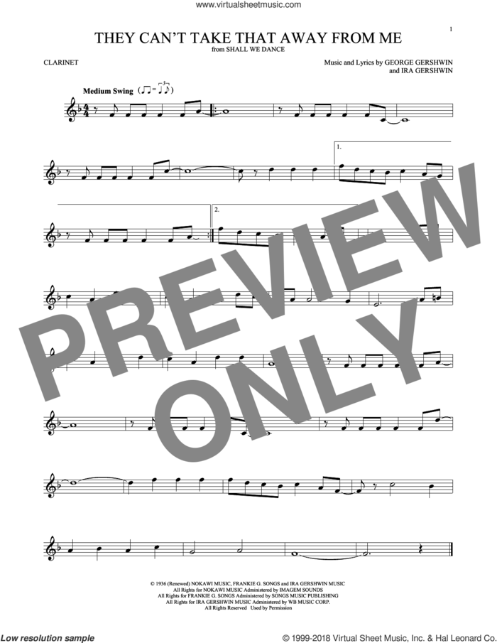 They Can't Take That Away From Me sheet music for clarinet solo by Frank Sinatra, George Gershwin and Ira Gershwin, intermediate skill level