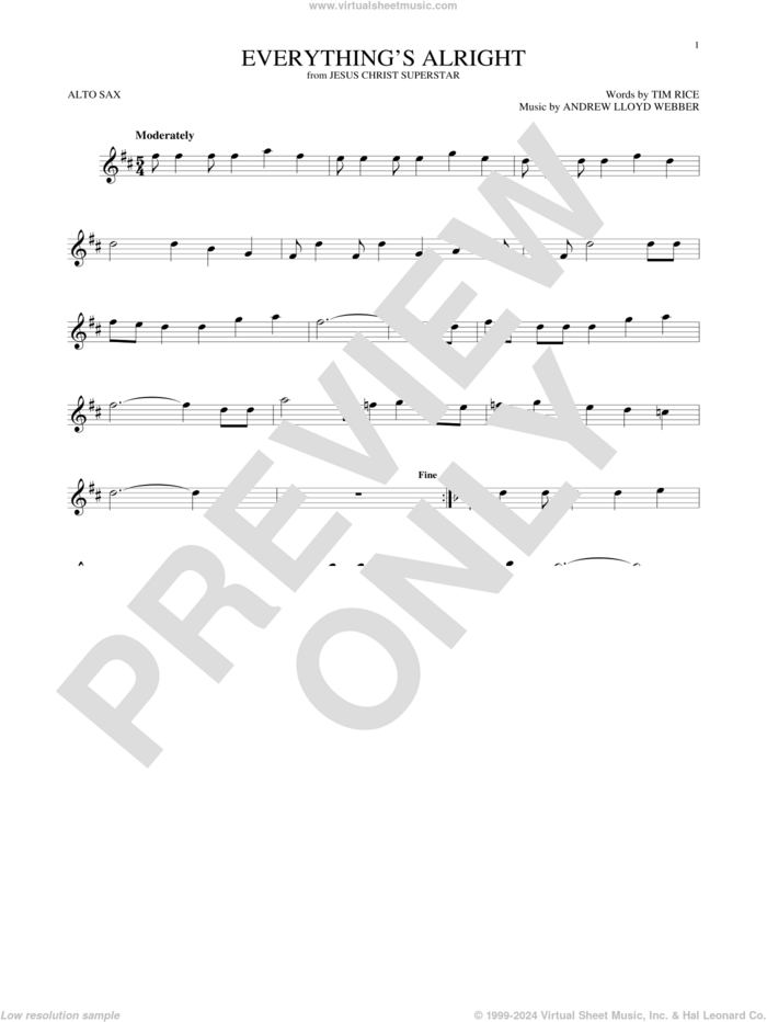 Everything's Alright (from Jesus Christ Superstar) sheet music for alto saxophone solo by Andrew Lloyd Webber, Yvonne Elliman and Tim Rice, intermediate skill level