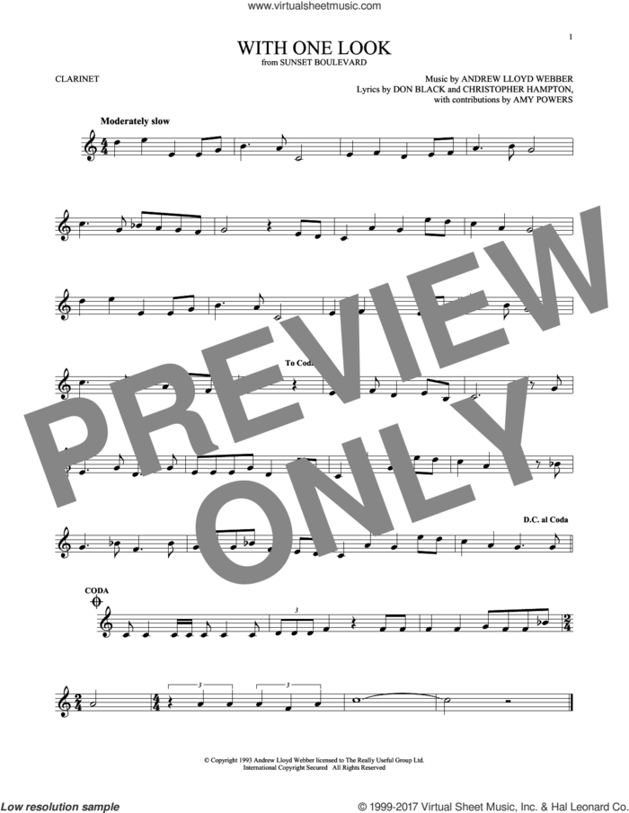 With One Look sheet music for clarinet solo by Andrew Lloyd Webber, Christopher Hampton and Don Black, intermediate skill level