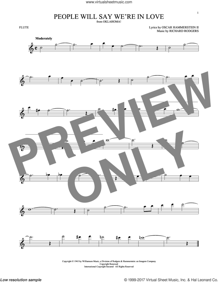 People Will Say We're In Love (from Oklahoma!) sheet music for flute solo by Rodgers & Hammerstein, Oscar II Hammerstein and Richard Rodgers, intermediate skill level