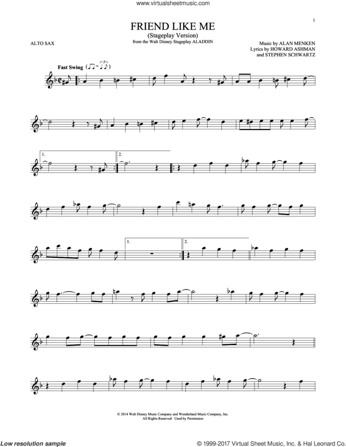 Friend Like Me (Stageplay Version) (from Aladdin: The Broadway Musical) sheet music for alto saxophone solo by Alan Menken, Howard Ashman & Stephen Schwartz, Alan Menken, Howard Ashman and Stephen Schwartz, intermediate skill level