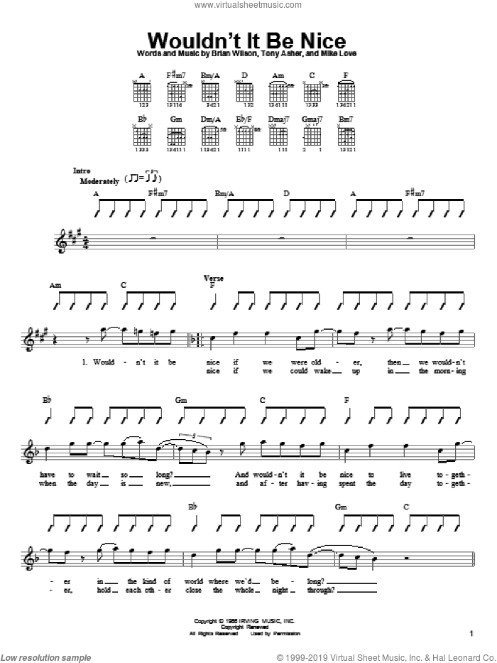 Wouldn't It Be Nice sheet music for guitar solo (chords) by The Beach Boys, Brian Wilson, Mike Love and Tony Asher, easy guitar (chords)