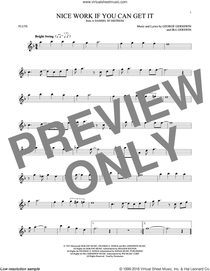 Nice Work If You Can Get It sheet music for flute solo by Frank Sinatra, George Gershwin and Ira Gershwin, intermediate skill level