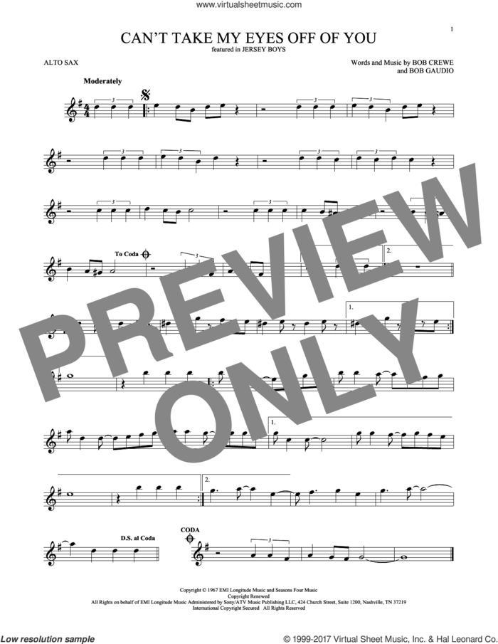 Can't Take My Eyes Off Of You (from Jersey Boys) sheet music for alto saxophone solo by Frankie Valli & The Four Seasons, Frankie Valli, The Four Seasons, Bob Crewe and Bob Gaudio, wedding score, intermediate skill level