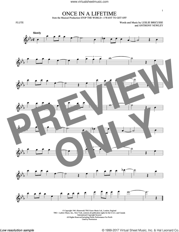 Once In A Lifetime sheet music for flute solo by Leslie Bricusse and Anthony Newley, intermediate skill level