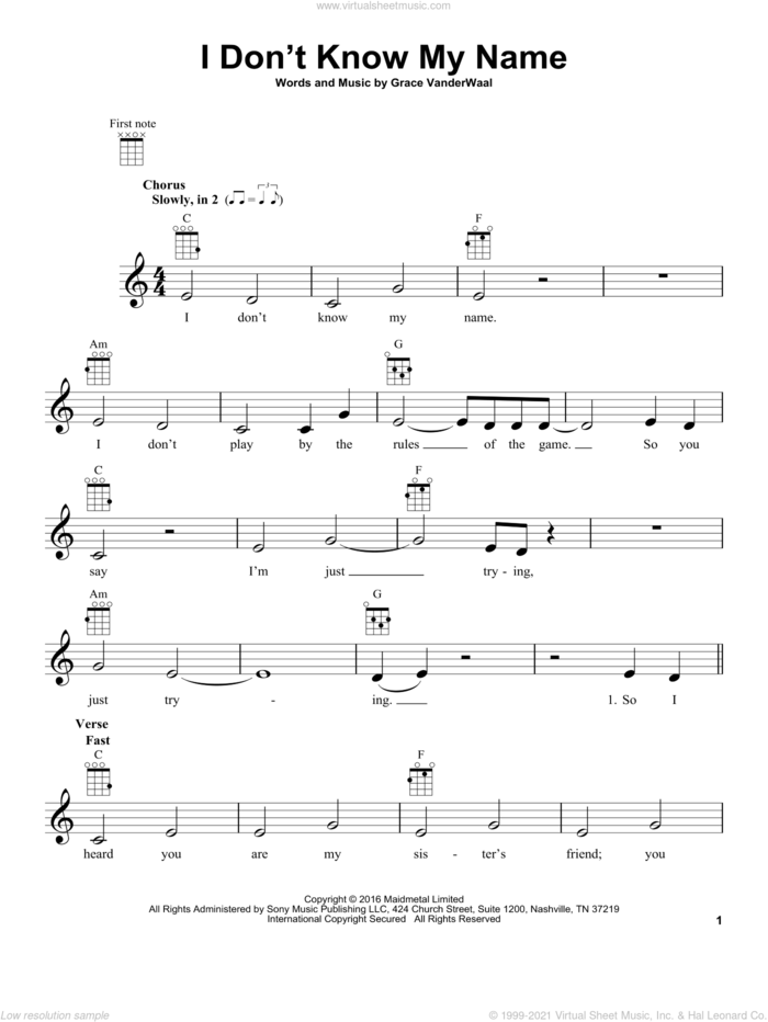 I Don't Know My Name sheet music for ukulele by Grace VanderWaal, intermediate skill level