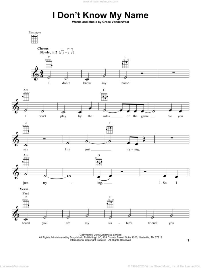 I Don't Know My Name sheet music for ukulele by Grace VanderWaal, intermediate skill level