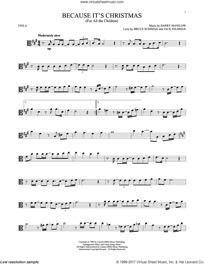 Because It's Christmas (For All The Children) sheet music for viola solo by Barry Manilow, Bruce Sussman and Jack Feldman, intermediate skill level