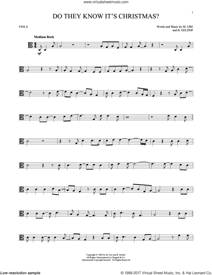 Do They Know It's Christmas? (Feed The World) sheet music for viola solo by Band Aid, Bob Geldof and Midge Ure, intermediate skill level