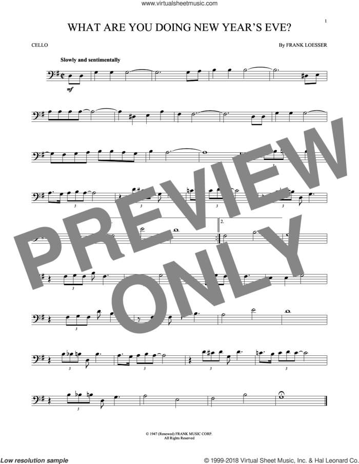 What Are You Doing New Year's Eve? sheet music for cello solo by Frank Loesser, intermediate skill level