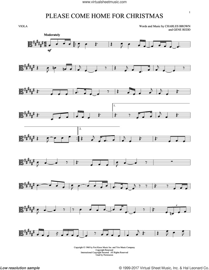 Please Come Home For Christmas sheet music for viola solo by Charles Brown, Josh Gracin, Martina McBride, Willie Nelson and Gene Redd, intermediate skill level