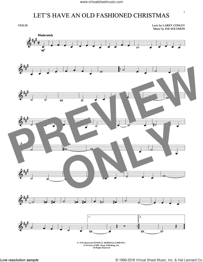 Let's Have An Old Fashioned Christmas sheet music for violin solo by Larry Conley and Joe Solomon, intermediate skill level