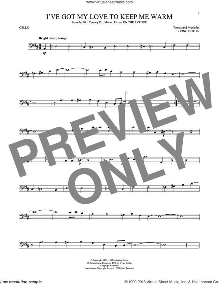 I've Got My Love To Keep Me Warm sheet music for cello solo by Irving Berlin and Benny Goodman, intermediate skill level